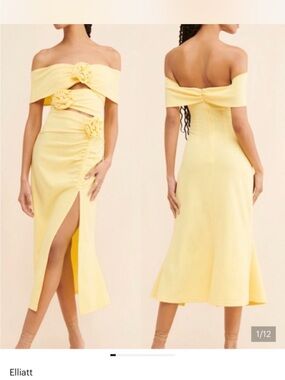 Elliatt Pale Yellow Off-Shoulder Midi Dress with Floral Details